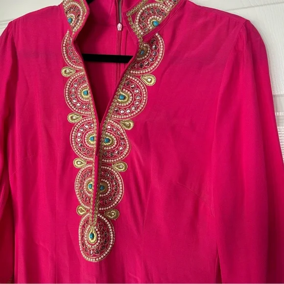 NWOT NICOBLU NOOR LONG FUCHSIA TUNIC DRESS WITH GOLD EMBELLISHMENT SIZE 4 - Picture 6 of 8